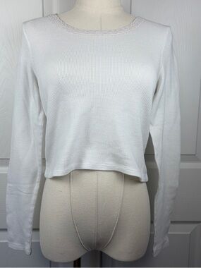 American Eagle Outfitters White Waffle-Knit Long Sleeve Top